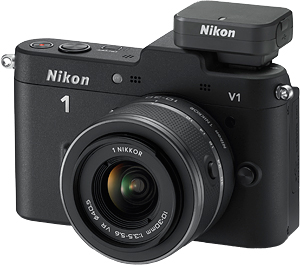 The Nikon V1 compact system camera with 10-30mm f/3.5-5.6 VR lens and GP-N100 GPS accessory. Photo provided by Nikon Inc. Click for a bigger picture!