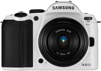Samsung's NX10 White Edition single-lens direct view camera. Photo provided by Samsung Electronics Co. Ltd.