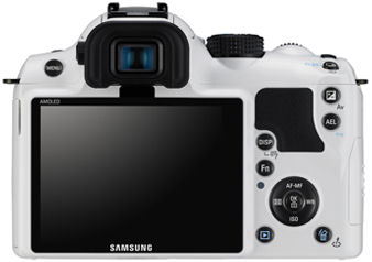 Samsung's NX10 White Edition single-lens direct view camera. Photo provided by Samsung Electronics Co. Ltd.