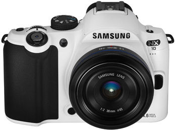 Samsung's NX10 White Edition single-lens direct view camera. Photo provided by Samsung Electronics Co. Ltd.