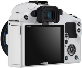 Samsung's NX10 White Edition single-lens direct view camera. Photo provided by Samsung Electronics Co. Ltd.
