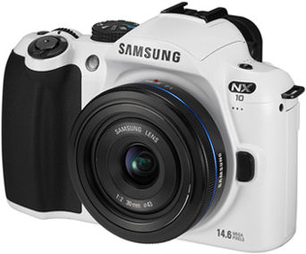 Samsung's NX10 White Edition single-lens direct view camera. Photo provided by Samsung Electronics Co. Ltd.