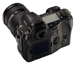 Olympus' E System camera body. Courtesy of Olympus, with modifications by Michael R. Tomkins. Click for a bigger picture!