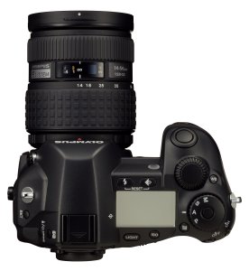 Olympus' E System camera body. Courtesy of Olympus, with modifications by Michael R. Tomkins. Click for a bigger picture!