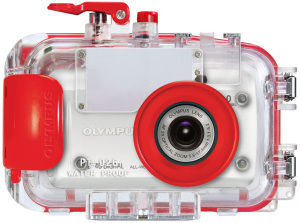 Olympus' PT-026 underwater housing. Courtesy of Olympus, with modifications by Michael R. Tomkins. Click for a bigger picture!