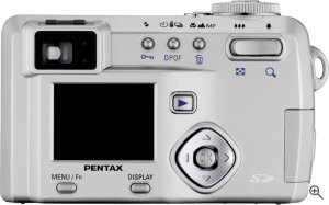 Pentax's Optio 555 digital camera. Courtesy of Pentax, with modifications by Michael R. Tomkins. Click for a bigger picture!