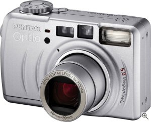 Pentax's Optio 555 digital camera. Courtesy of Pentax, with modifications by Michael R. Tomkins. Click for a bigger picture!