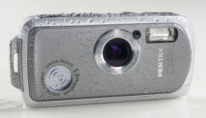 Pentax's OptioWP digital camera. Courtesy of Pentax, with modifications by Michael R. Tomkins. Click for a bigger picture!