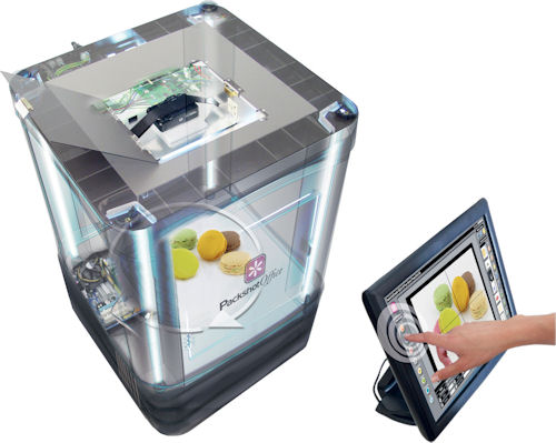 The PackshotOffice system includes a lightbox and touchscreen display. Photo provided by Sysnext. Click for a bigger picture!