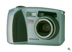 Toshiba's PDR-M65 digital camera, front right quarter view. Courtesy of Toshiba - click for a bigger picture!
