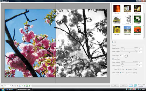 Serif PhotoPlus X3, showing the Instant Artist screen with Pencil filter previewed. Photo provided by Serif (Europe) Ltd. Click for a bigger picture!