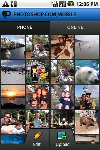 Photoshop.com Mobile for Android: Photo Browser screen. Screenshot provided by Adobe Systems Inc.