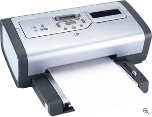 Hewlett Packard's Photosmart 7660 photo printer. Courtesy of Hewlett Packard, with modifications by Michael R. Tomkins. Click for a bigger picture!