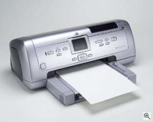Hewlett Packard's Photosmart 7960 photo printer. Courtesy of Hewlett Packard, with modifications by Michael R. Tomkins. Click for a bigger picture!