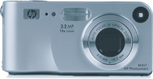 HP's Photosmart M307 digital camera. Courtesy of Hewlett Packard, with modifications by Michael R. Tomkins. Click for a bigger picture!
