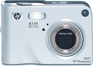 HP's Photosmart R607 digital camera. Courtesy of Hewlett Packard, with modifications by Michael R. Tomkins. Click for a bigger picture!