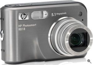 Hewlett Packard's Photosmart R818 digital camera. Courtesy of Hewlett Packard, with modifications by Michael R. Tomkins. Click for a bigger picture!