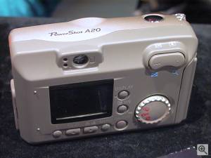 Canon's PowerShot A20 digital camera, rear left  quarter view. Copyright (c) 2001, Michael R. Tomkins, all rights reserved. Click for a bigger picture!