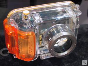 Canon's WP-DC200 underwater housing for the  PowerShot A10 and A20 digital cameras, front view. Copyright (c) 2001, Michael R. Tomkins, all rights reserved. Click for a bigger  picture!