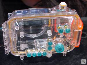 Canon's WP-DC200 underwater housing for the  PowerShot A10 and A20 digital cameras, rear view. Copyright (c) 2001, Michael R. Tomkins, all rights reserved. Click for a bigger  picture!