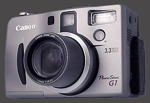 Canon's PowerShot G1 digital camera, front left quarter view. Courtesy of Canon.