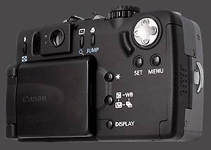 Canon's PowerShot G1 digital camera, rear right quarter view. Courtesy of Canon.