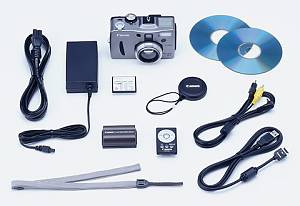 Canon's PowerShot G1 digital camera and supplied accessories. Courtesy of Canon.