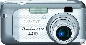 Canon's PowerShot A410 digital camera. Courtesy of Canon, with modifications by Michael R. Tomkins. Click for a bigger picture!