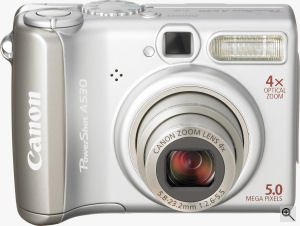 Canon's PowerShot A530 digital camera. Courtesy of Canon, with modifications by Michael R. Tomkins. Click for a bigger picture!