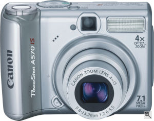 Canon's PowerShot A570 digital camera. Courtesy of Canon, with modifications by Michael R. Tomkins. Click for a bigger picture!