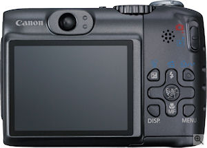 Canon's PowerShot A590 IS digital camera. Courtesy of Canon, with modifications by Michael R. Tomkins. Click for a bigger picture!