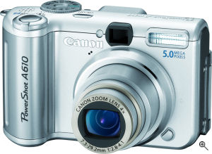 Canon's PowerShot A610 digital camera. Courtesy of Canon, with modifications by Michael R. Tomkins. Click for a bigger picture!