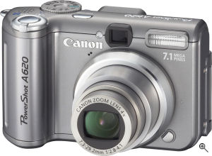 Canon's PowerShot A620 digital camera. Courtesy of Canon, with modifications by Michael R. Tomkins. Click for a bigger picture!