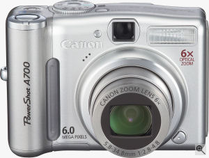 Canon's PowerShot A700 digital camera. Courtesy of Canon, with modifications by Michael R. Tomkins. Click for a bigger picture!