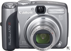 Canon's PowerShot A710 digital camera. Courtesy of Canon, with modifications by Michael R. Tomkins. Click for a bigger picture!
