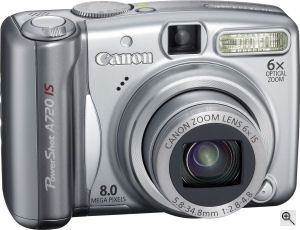 Canon's PowerShot A720 IS digital camera. Courtesy of Canon, with modifications by Michael R. Tomkins. Click for a bigger picture!