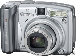 Canon's PowerShot A720 IS digital camera. Courtesy of Canon, with modifications by Michael R. Tomkins. Click for a bigger picture!