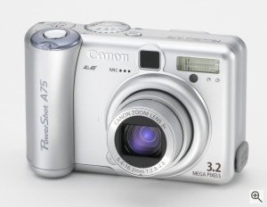 Canon's PowerShot A75 digital camera. Courtesy of Canon, with modifications by Michael R. Tomkins. Click for a bigger picture!
