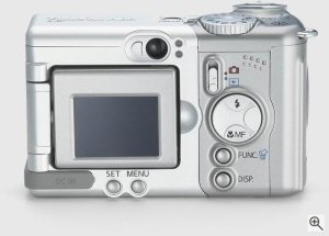 Canon's PowerShot A80 digital camera. Courtesy of Canon, with modifications by Michael R. Tomkins. Click for a bigger picture!