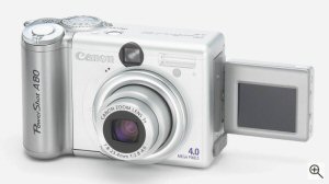 Canon's PowerShot A80 digital camera. Courtesy of Canon, with modifications by Michael R. Tomkins. Click for a bigger picture!