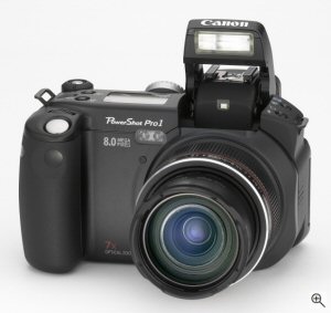 Canon's PowerShot Pro 1 digital camera. Courtesy of Canon, with modifications by Michael R. Tomkins. Click for a bigger picture!