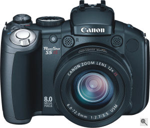 Canon's PowerShot S5 IS digital camera. Courtesy of Canon, with modifications by Michael R. Tomkins. Click for a bigger picture!