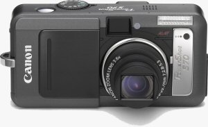 Canon's PowerShot S70 digital camera. Courtesy of Canon, with modifications by Michael R. Tomkins. Click for a bigger picture!