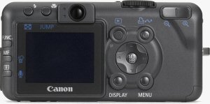 Canon's PowerShot S70 digital camera. Courtesy of Canon, with modifications by Michael R. Tomkins. Click for a bigger picture!