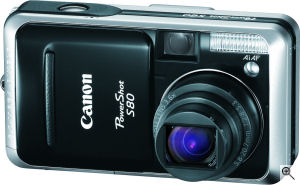 Canon's PowerShot S80 digital camera. Courtesy of Canon, with modifications by Michael R. Tomkins. Click for a bigger picture!