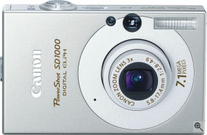 Canon's PowerShot SD1000 Digital ELPH digital camera. Courtesy of Canon, with modifications by Michael R. Tomkins. Click for a bigger picture!