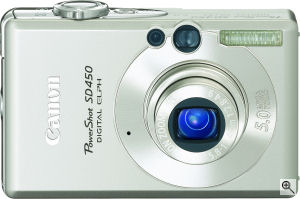 Canon's PowerShot SD450 digital camera. Courtesy of Canon, with modifications by Michael R. Tomkins. Click for a bigger picture!