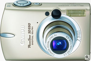 Canon's PowerShot SD550 digital camera. Courtesy of Canon, with modifications by Michael R. Tomkins. Click for a bigger picture!