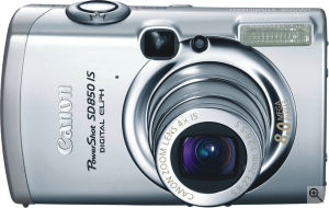 Canon's PowerShot SD850 IS digital camera. Courtesy of Canon, with modifications by Michael R. Tomkins. Click for a bigger picture!
