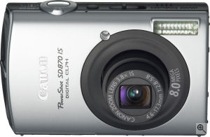 Canon's PowerShot SD870 IS digital camera. Courtesy of Canon, with modifications by Michael R. Tomkins. Click for a bigger picture!